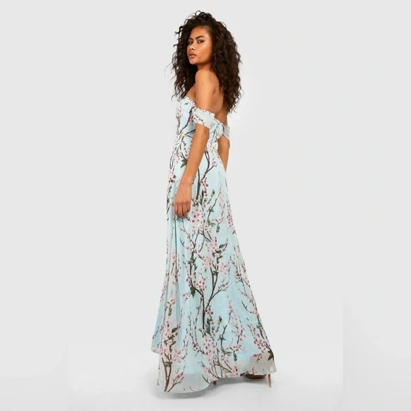🆕 NWT Boohoo blue floral cherry blossom printed off the shoulder maxi dress - Picture 2 of 12